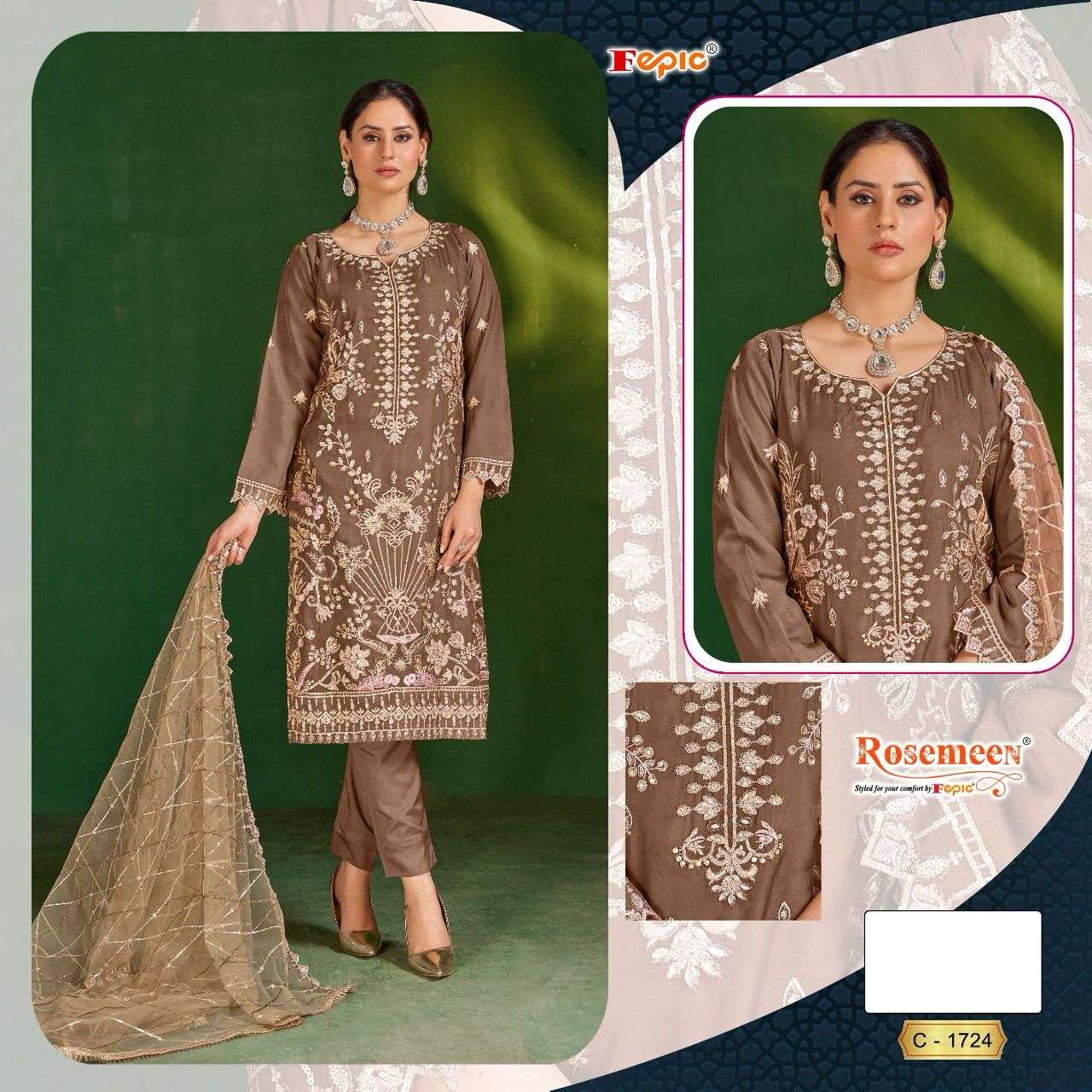 ROSEMEEN 1724 HIT DESIGN BY FEPIC ORGANZA EMBROIDERY WORK PAKISTANI DRESS