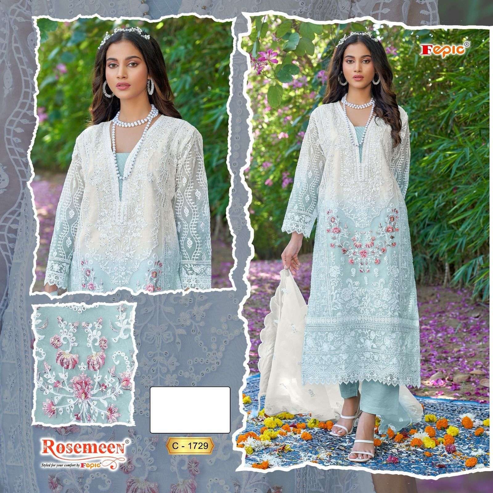 ROSEMEEN 1729 COLOURS BY FEPIC 1729-A TO 1729-D SERIES ORGAZNA WORK PAKISTANI DRESSES