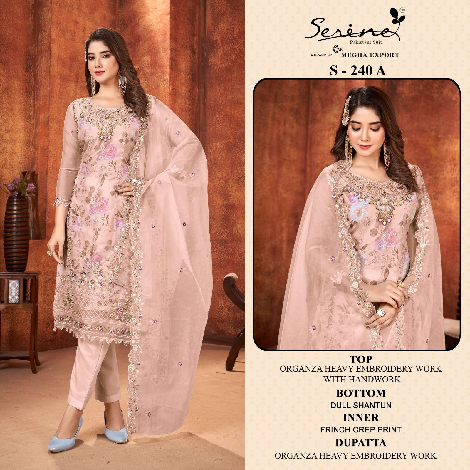 S-240 COLOURS BY SERINE 240-A TO 240-D SERIES ORGANZA HEAVY EMBROIDERY WORK DRESSES