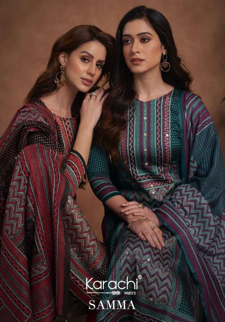 SAMMA BY KARACHI PRINTS 26001 TO 26006 SERIES SATIN PRINT EMBROIDERY WORK DRESSES