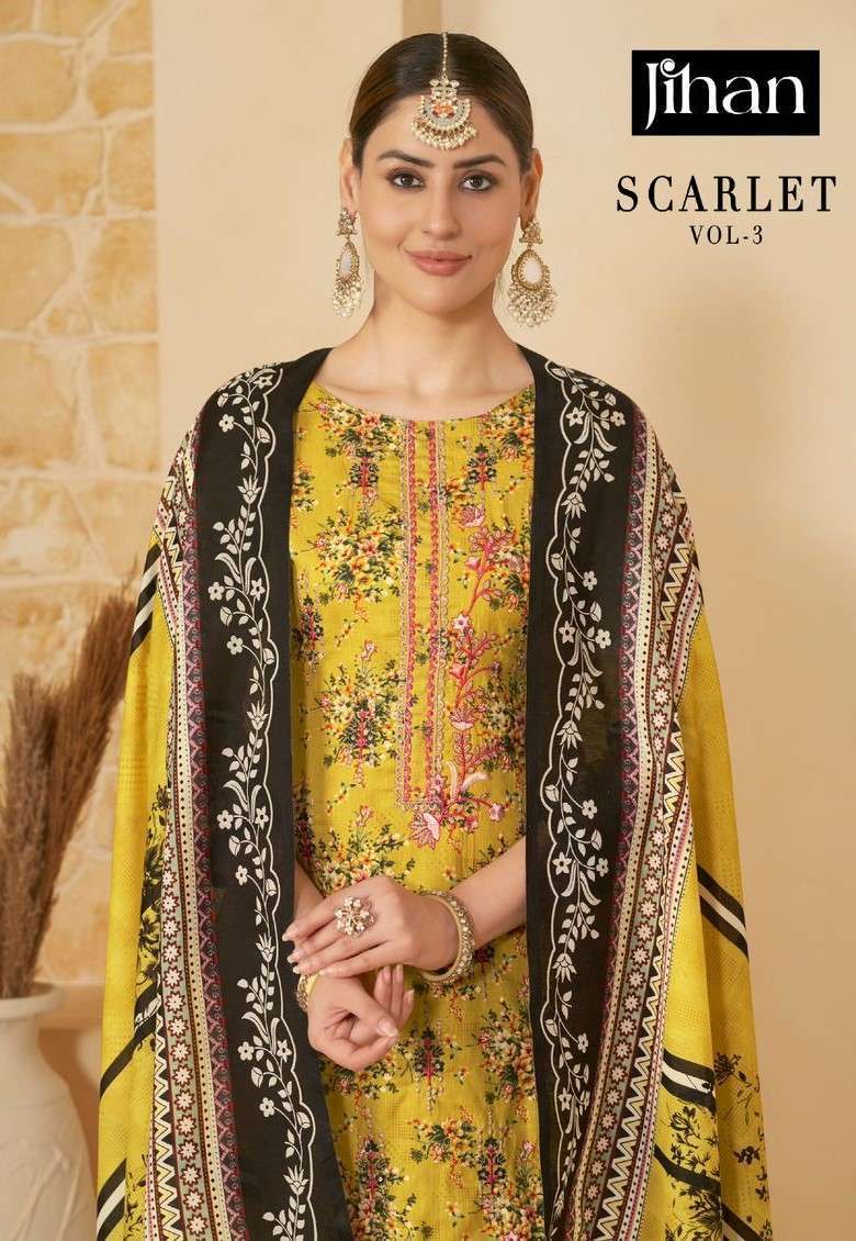 SCARLET VOL-3 BY JIHAN 3305 TO 3409 SERIES COTTON PRINT EMBROIDERY WORK DRESSES