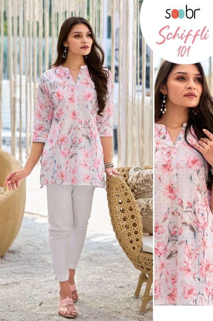 SOOBR SCHIFFLI BY AQSAWHOLESALE 101 TO 105 SERIES COTTON PRINT WORK TOPS