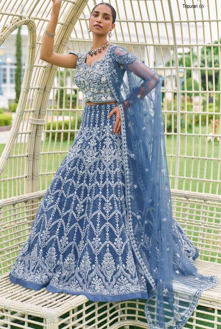 TRIPURARI 05 HIT DESIGN BY AQSAWHOLESALE DESIGNER FABRIC HEAVY WORK CROP-TOP LEHENGA