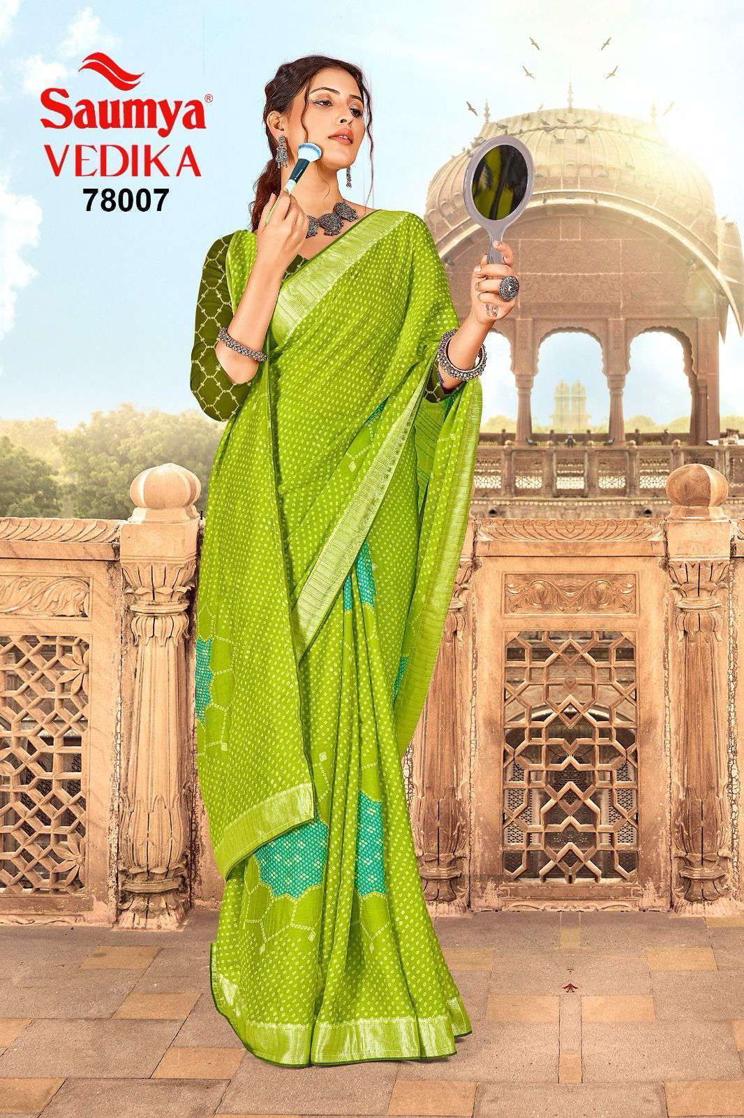 VEDIKA BY SAUMYA 78001 TO 78008 SERIES VISCOSE BANDHANI PRINT HEAVY WORK SAREES