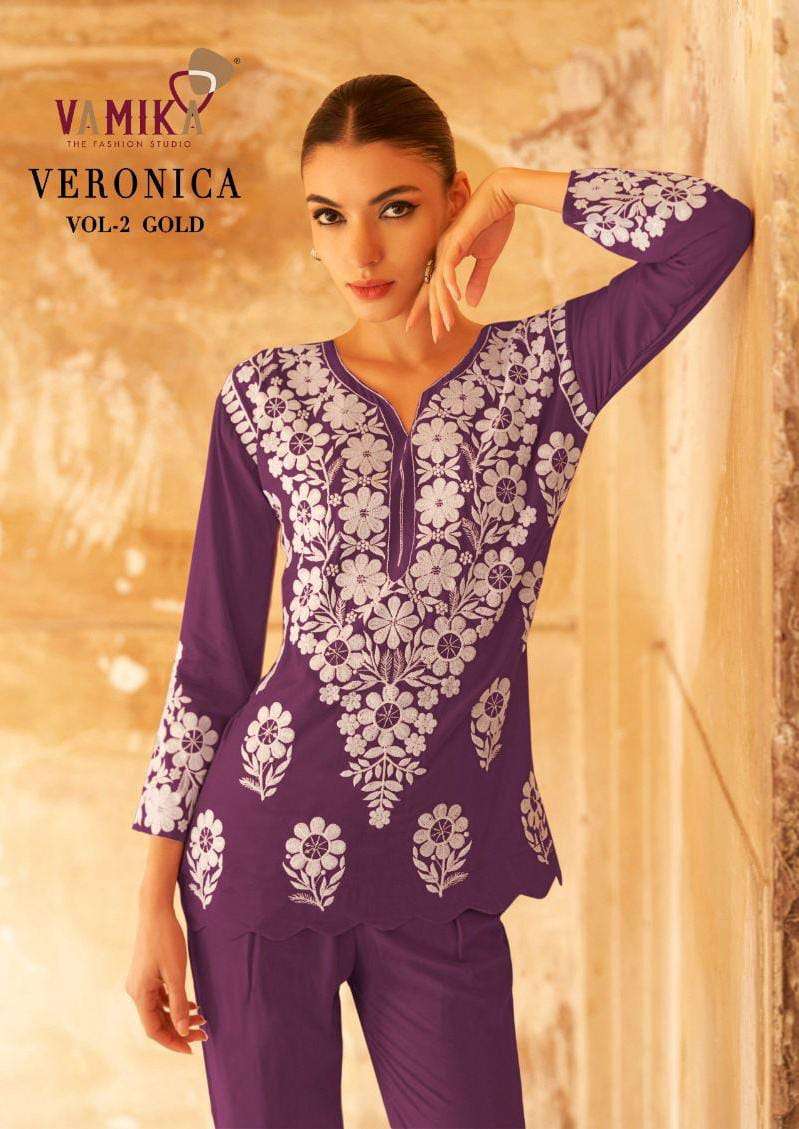 VERONICA VOL-2 GOLD BY VAMIKA 111-F TO 111-J SERIES RAYON SEQUENCE WORK CO-ORD SET