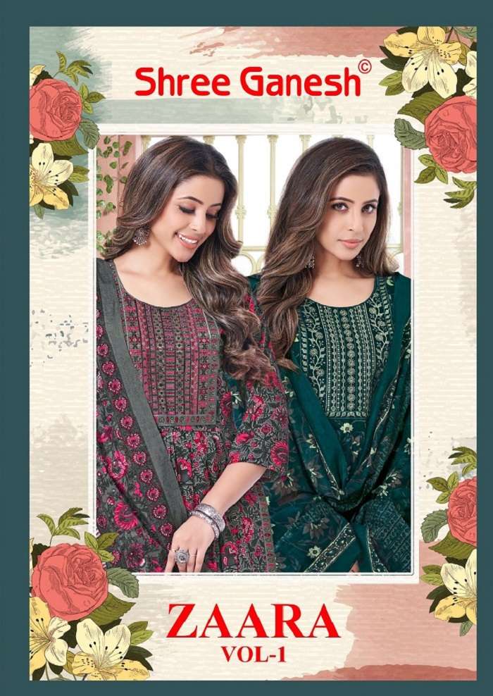 ZAARA VOL-1 BY SHREE GANESH 1101 TO 1108 SERIES COTTON PRINT WORK READYMADE DRESSES