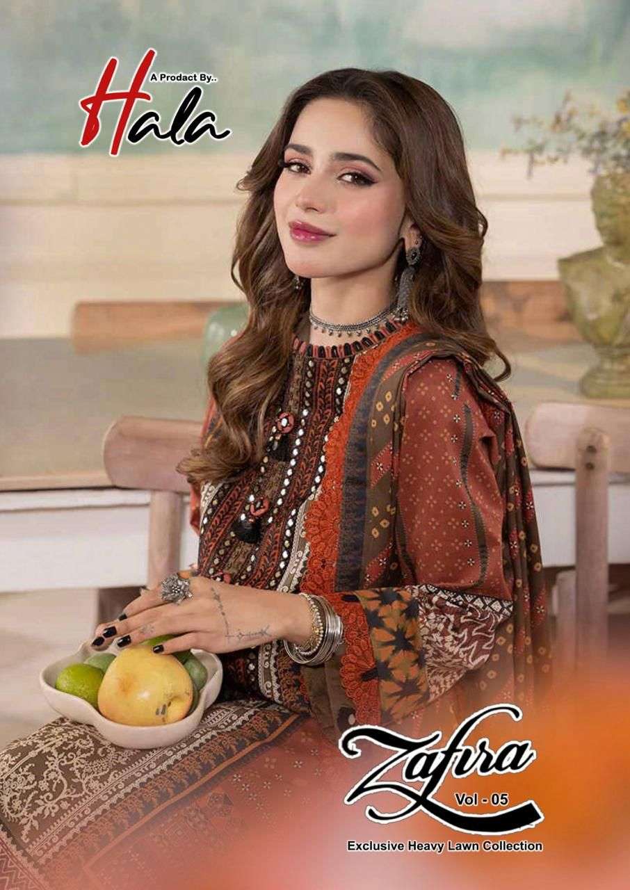 ZAFIRA VOL-5 BY HALA 5001 TO 5006 SERIES HEAVY LAWN COTTON PRINT PAKISTANI DRESSES