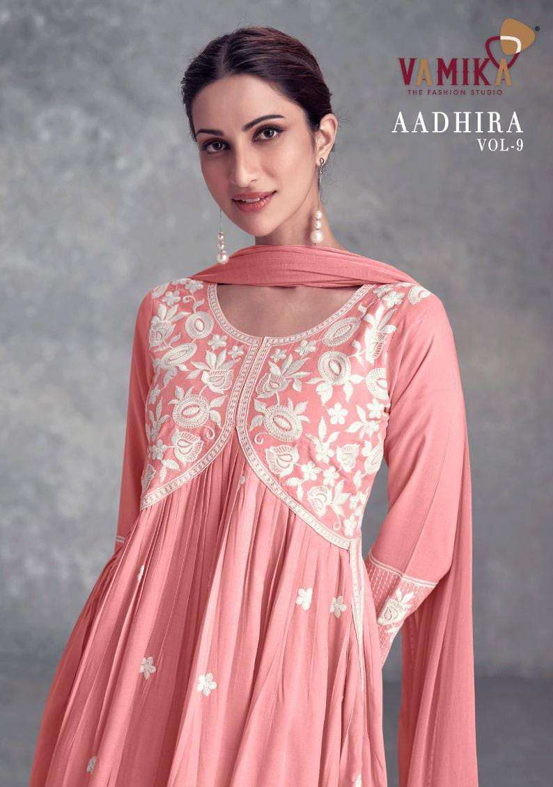 AADHIRA VOL-9 BY VAMIKA 1111-A TO 1111-E SERIES RAYON HEAVY EMBROIDERY READYMADE DRESSES