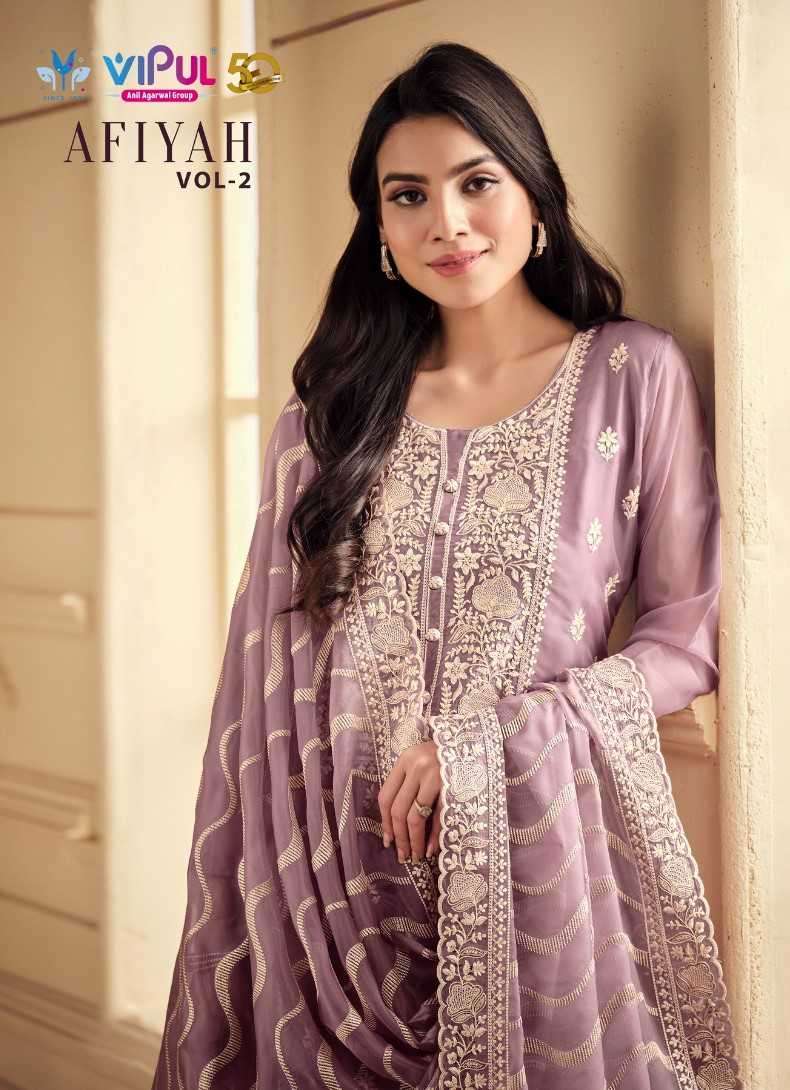 AFIYAH VOL-2 BY VIPUL 5621 TO 5626 SERIES SOFT ORGANZA EMBROIDERY WORK DRESSES