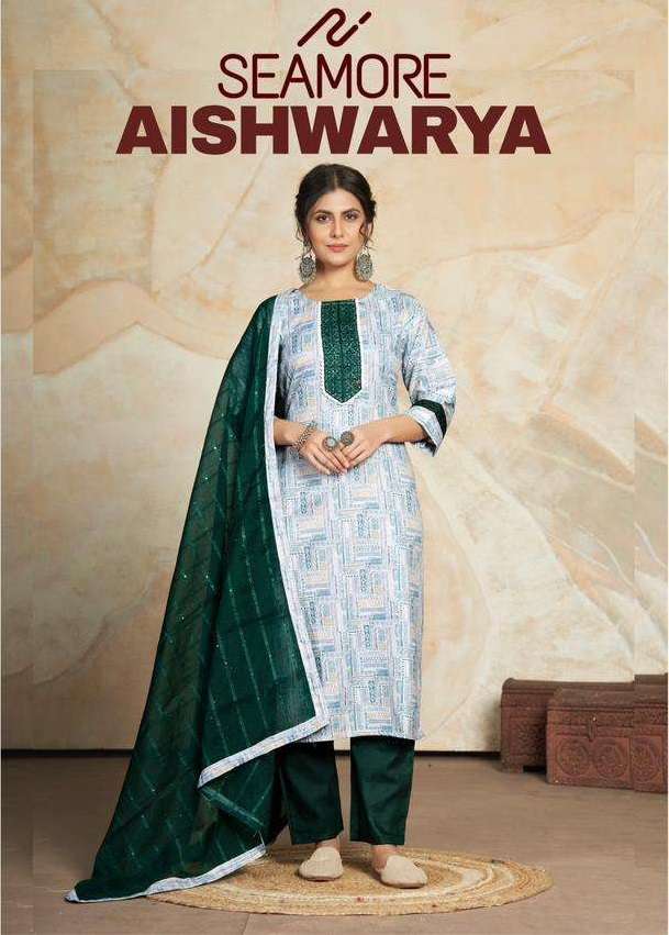 AISHWARYA BY SEAMORE 118 TO 123 SERIES COTTON BLEND PRINT WORK READYMADE DRESSES