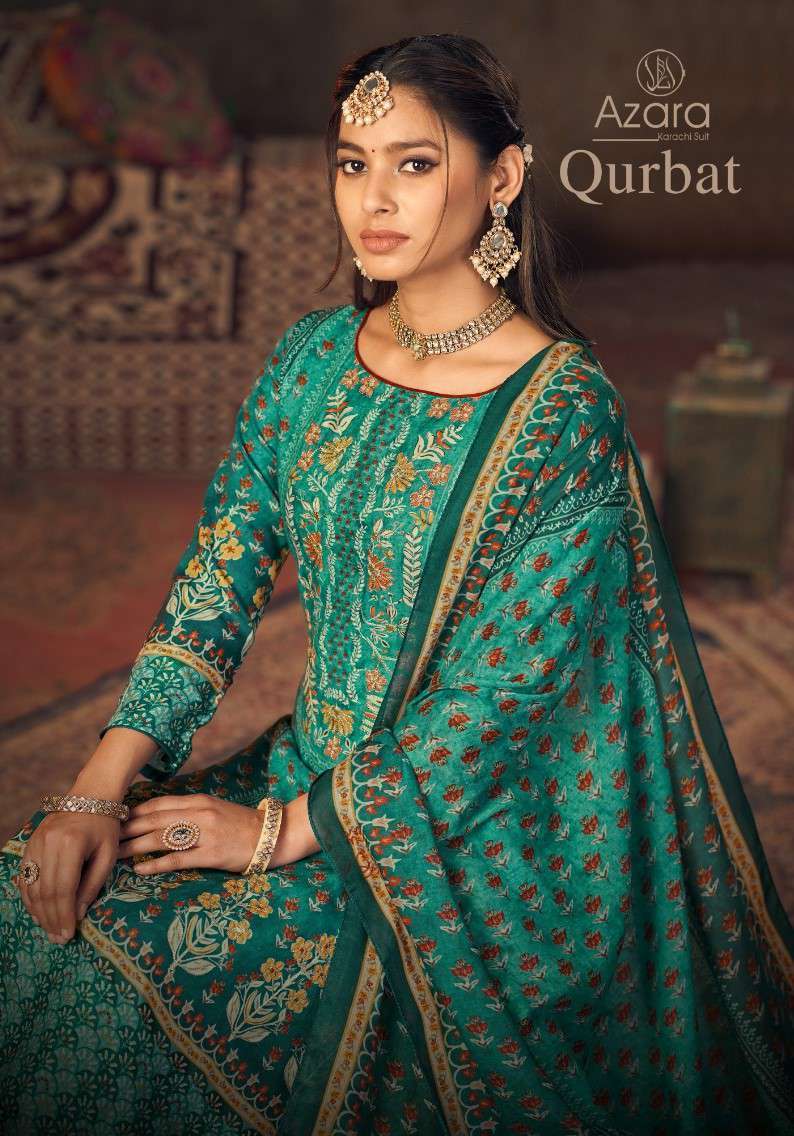 AZARA QURBAT BY RADHIKA FASHION 86001 TO 86005 SERIES COTTON PRINT WORK DRESSES