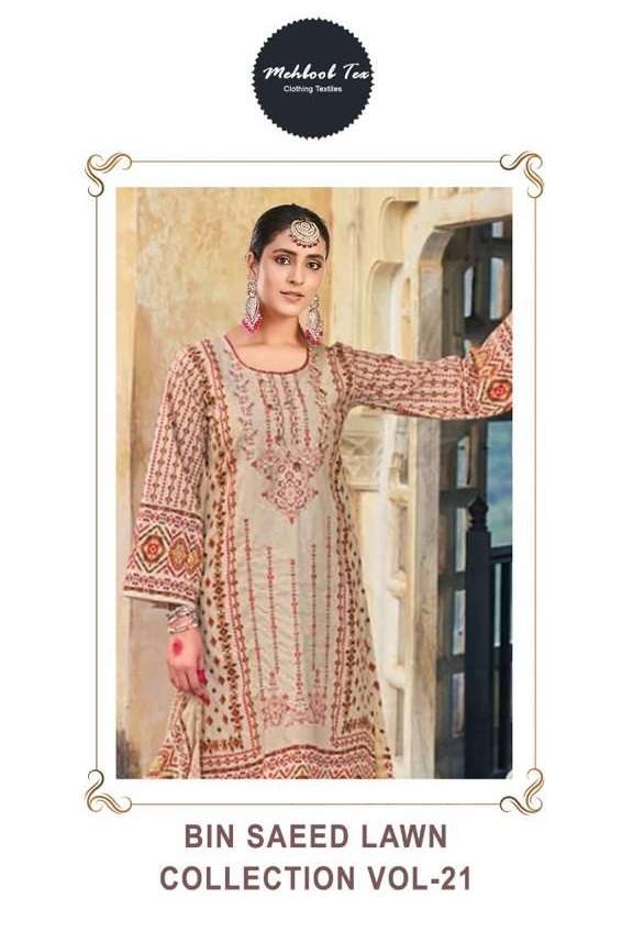 BIN SAEED LAWN COLLECTION VOL-21 BY MEHBOOB TEX LAWN COTTON PRINT WORK DRESSES