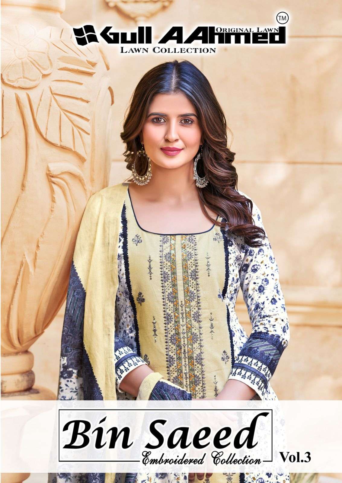 BIN SAEED VOL-3 BY GULL AAHMED 3001 TO 3006 SERIES PURE COTTON PRINT WORK DRESSES