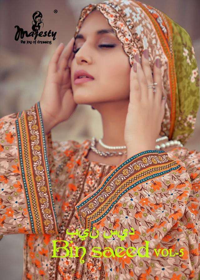 BIN SAEED VOL-5 BY MAJESTY 1001 TO 1006 SERIES LAWN COTTON HEAVY WORK DRESSES