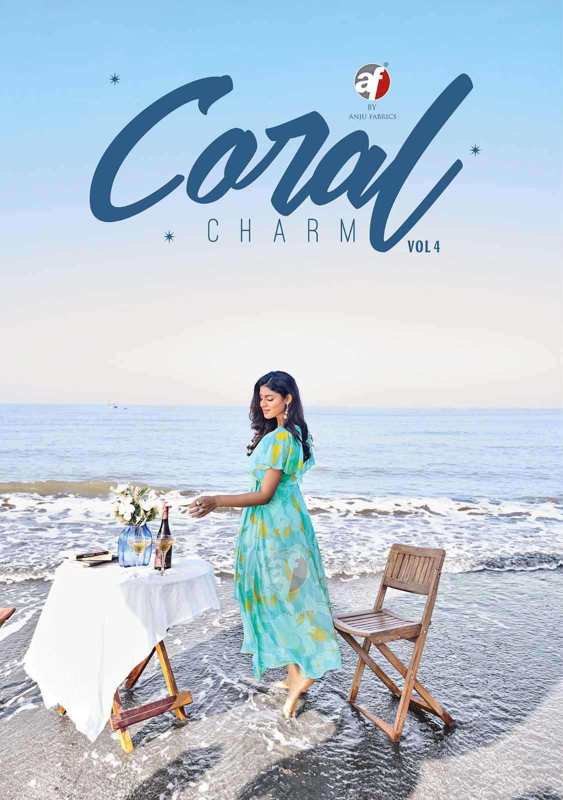 CORAL CHARM VOL-4 BY ANJU FABRICS 3521 TO 3526 SERIES VISCOSE CHIFFON PRINT KURTIS