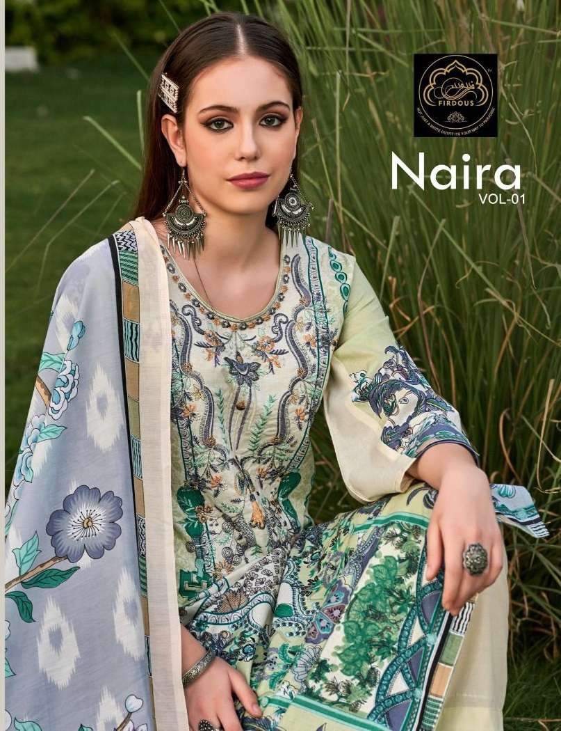 FIRDOUS NAIRA VOL-1 BY AQSAWHOLESALE 1001 TO 1006 SERIES COTTON PRINT WORK DRESSES