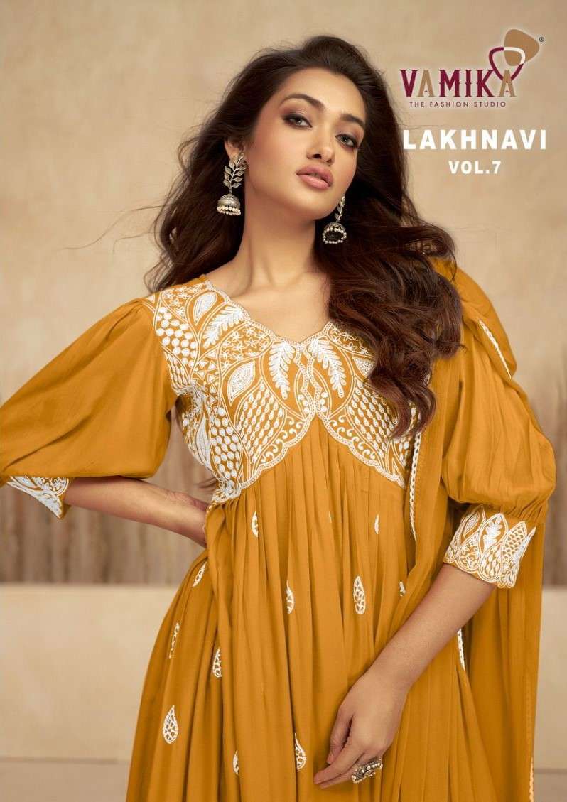 LAKHNAVI VOL-7 BY VAMIKA 1037 TO 1042 SERIES HEAVY RAYON WORK READYMADE DRESSES