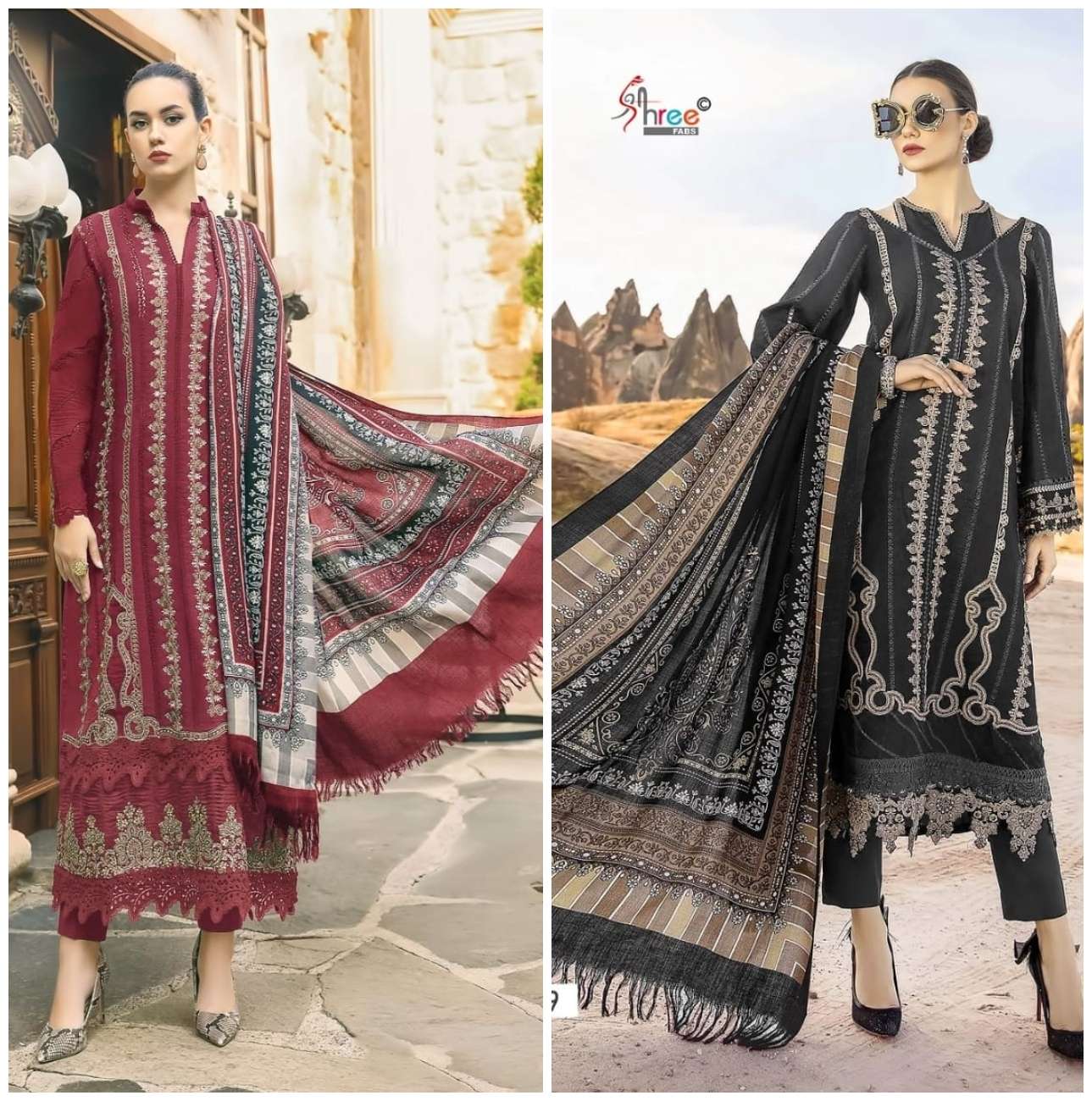 MARIYA.B 3357 & 3359 HITS BY SHREE FABS RAYON COTTON PRINT WORK PAKISTANI DRESSES