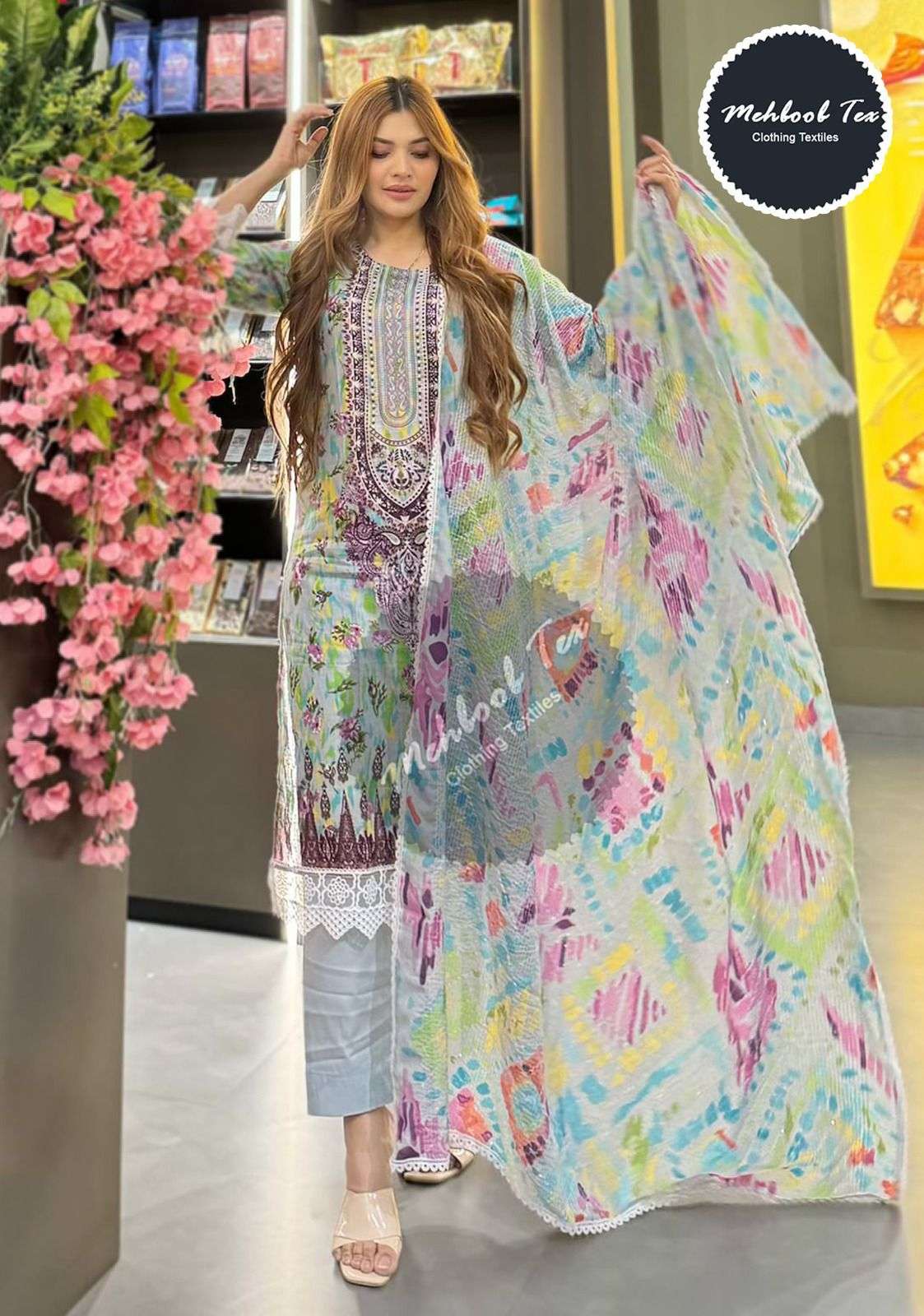 MT-1289 HIT DESIGN BY MEHBOOB TEX LAWN COTTON PRINT WORK PAKISTANI DRESS