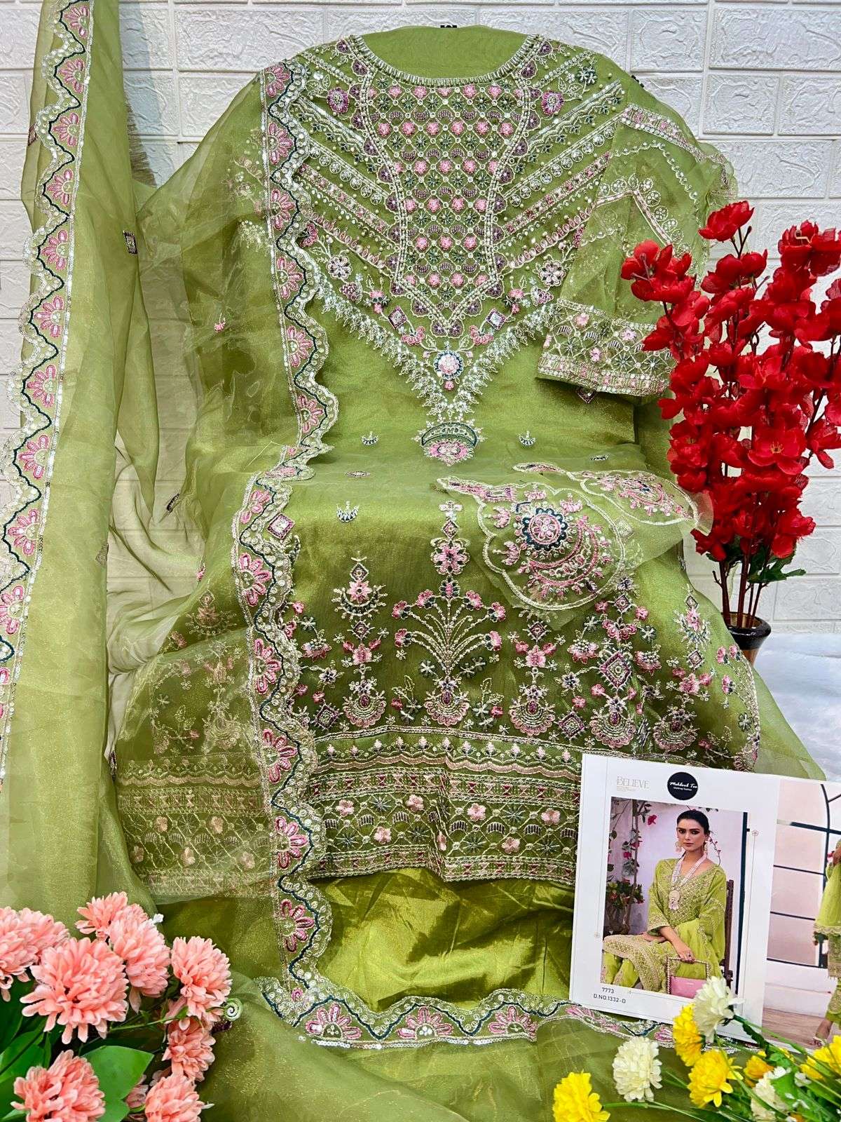 MT-1332 COLOURS  BY MEHBOOB TEX 1332-A TO 1332-D SERIES ORGANZA HAND WORK DRESSES