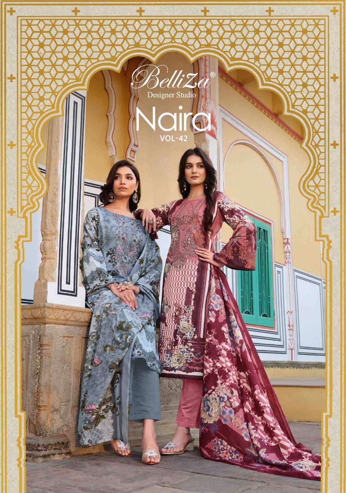 NAIRA VOL-42 BY BELLIZA 895-001 TO 895-008 SERIES PURE COTTON PRINT WORK PAKISTANI DRESSES