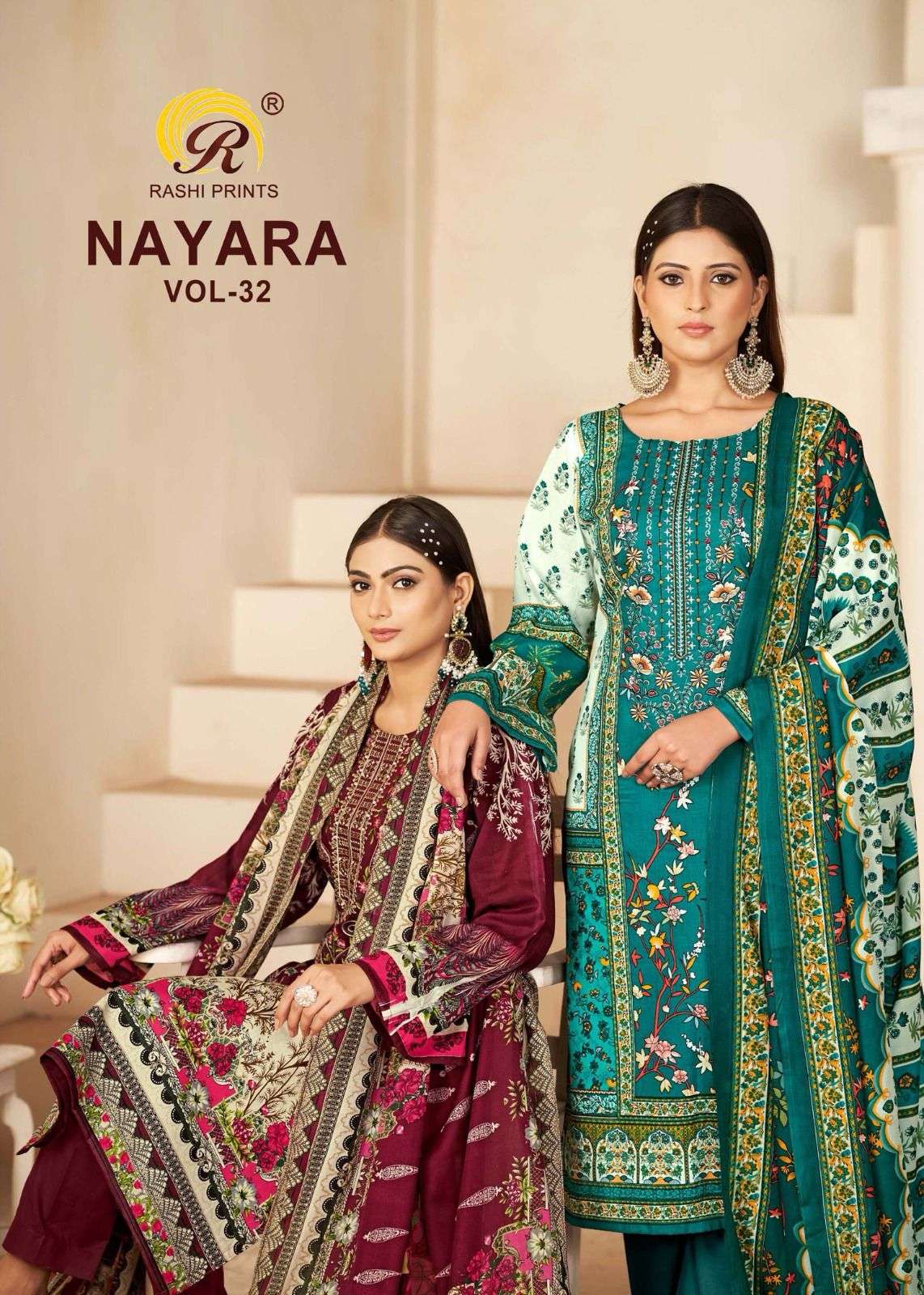 NAYARA VOL-32 BY RASHI PRINTS 1001 TO 1008 SERIES CAMBRIC COTTON PRINT WORK DRESSES