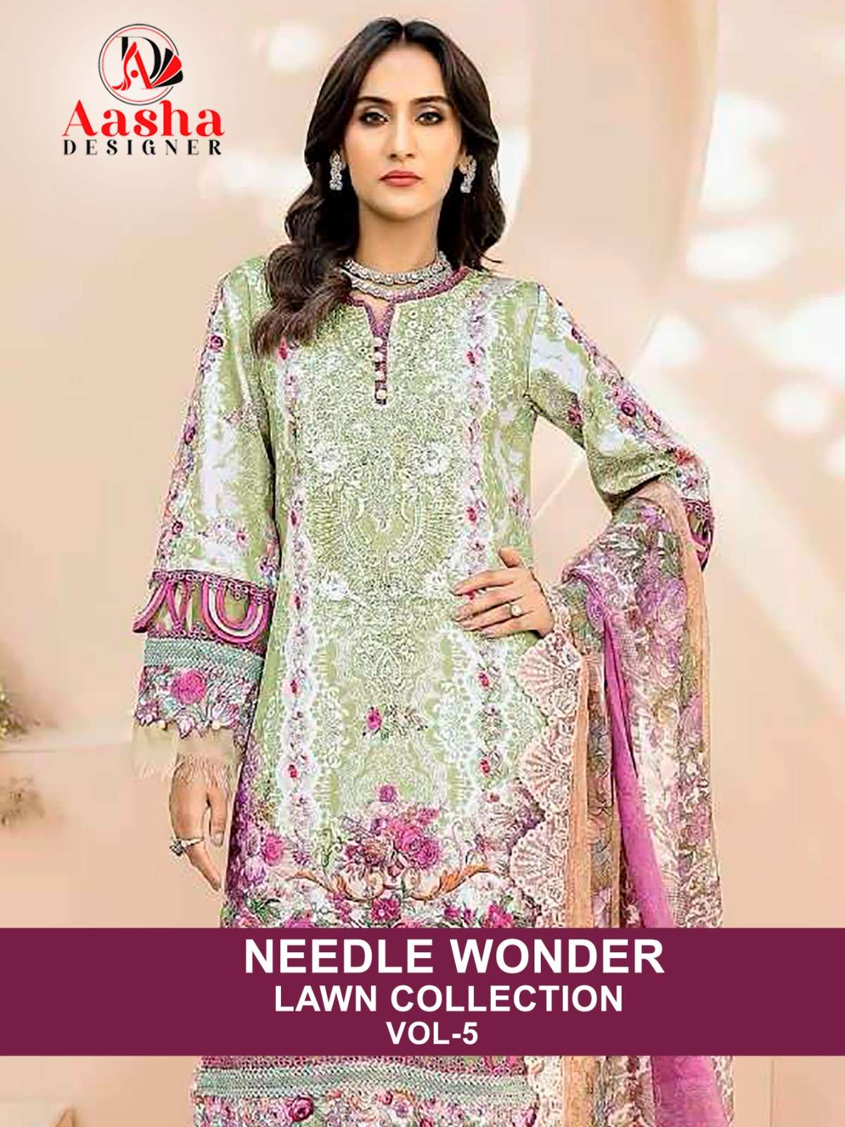 NEEDLE WONDER LAWN COLLECTION VOL-5 BY AASHA DESIGNER COTTON PRINT WORK DRESSES