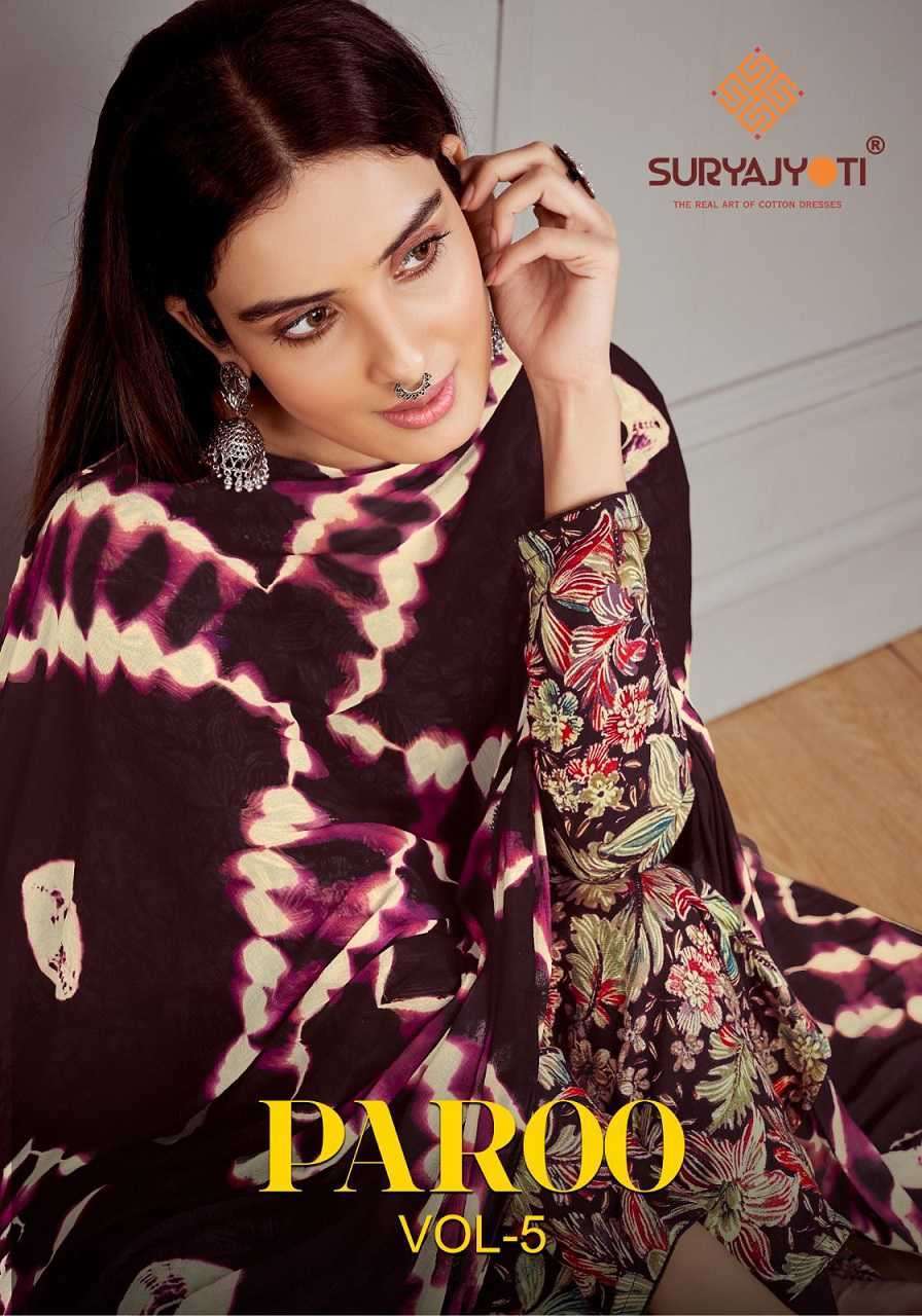 PAROO VOL-5 BY SURYAJYOTI 5001 TO 5008 SERIES RAYON FOIL PRINT DRESSES