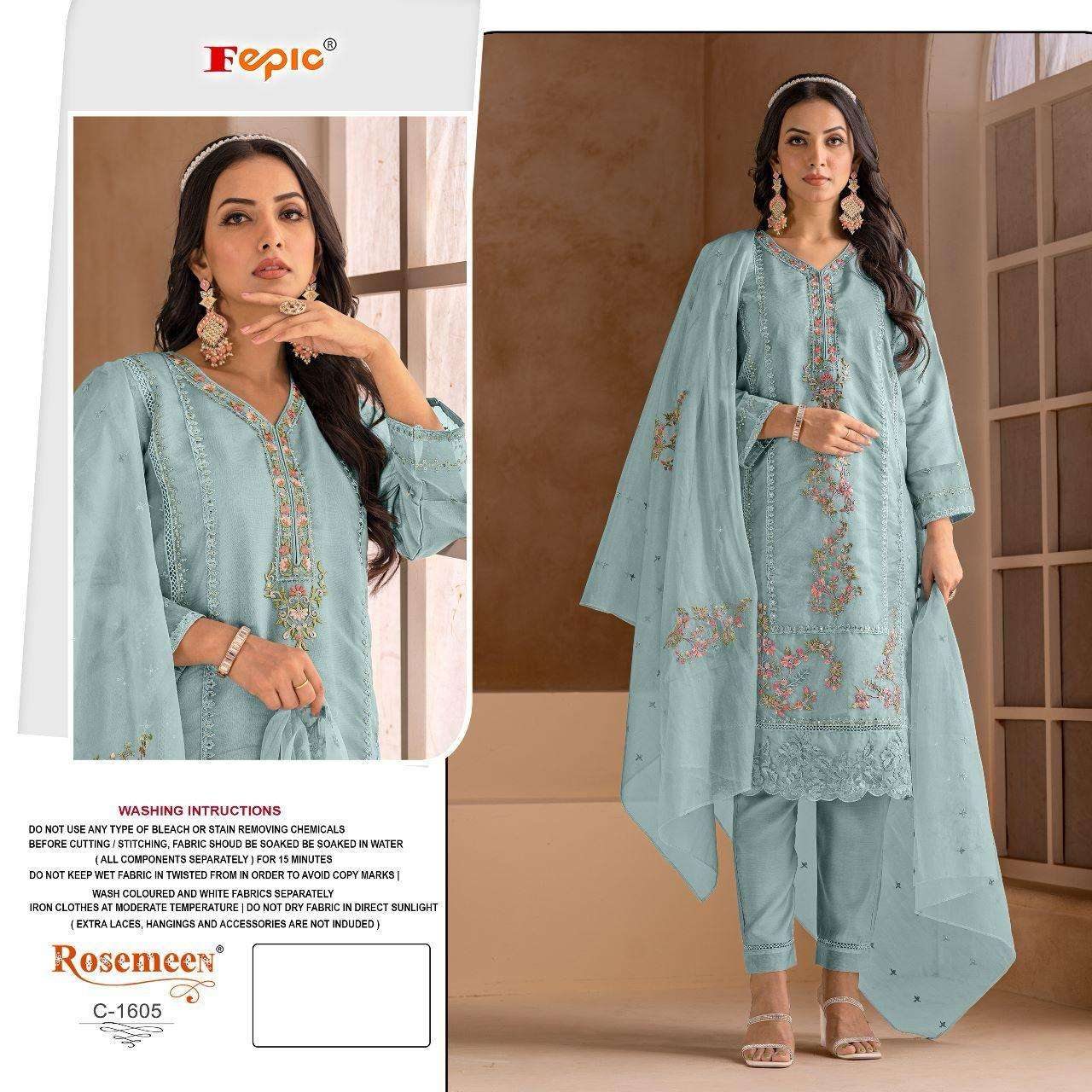 ROSEMEEN 1605 COLOURS BY FEPIC 1605-A TO 1605-C SERIES ORGANZA WORK PAKISTANI DRESSES