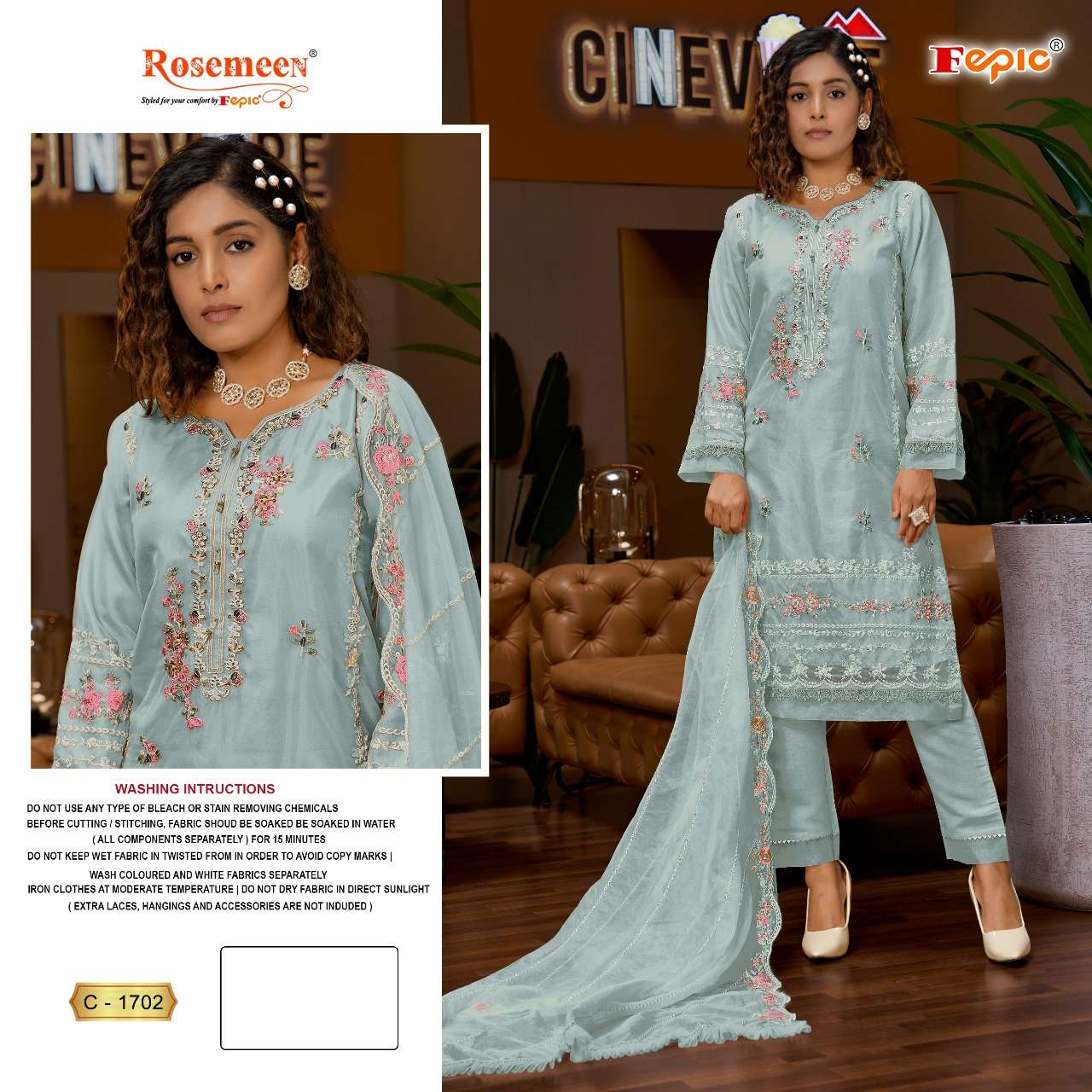 ROSEMEEN 1702 HIT DESIGN BY FEPIC ORGANZA EMBROIDERY WORK PAKISTANI DRESS