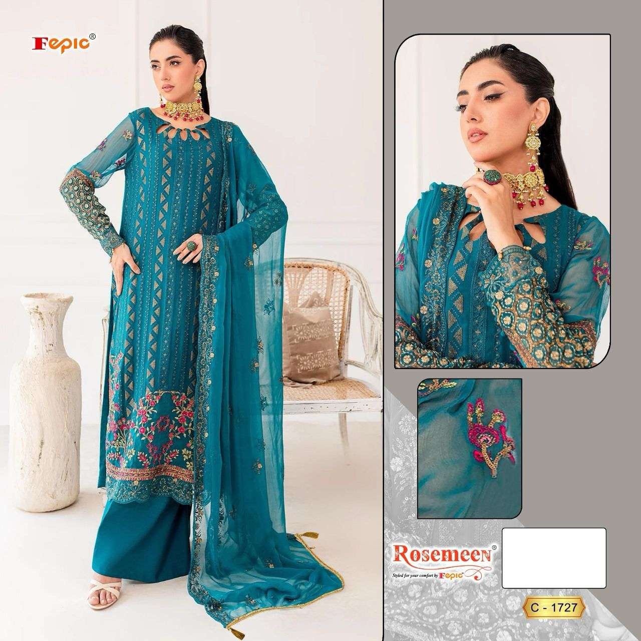 ROSEMEEN 1727 COLOURS BY FEPIC 1727-A TO 1727-C SERIES GEORGETTE WORK PAKISTANI DRESSES