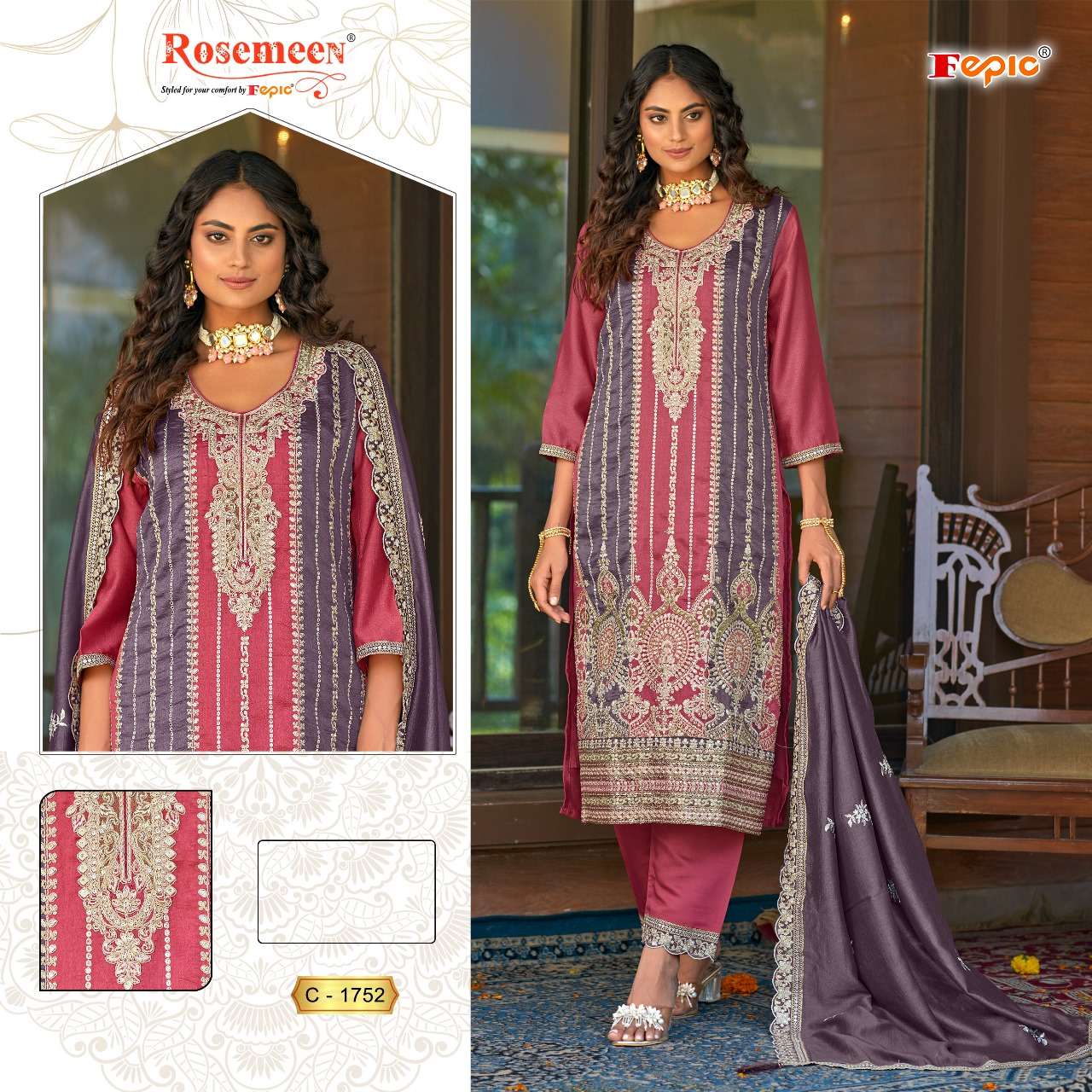 ROSEMEEN 1752-A TO 1752-C SERIES BY FEPIC VICHITRA SILK HEAVY WORK PAKISTANI DRESSES