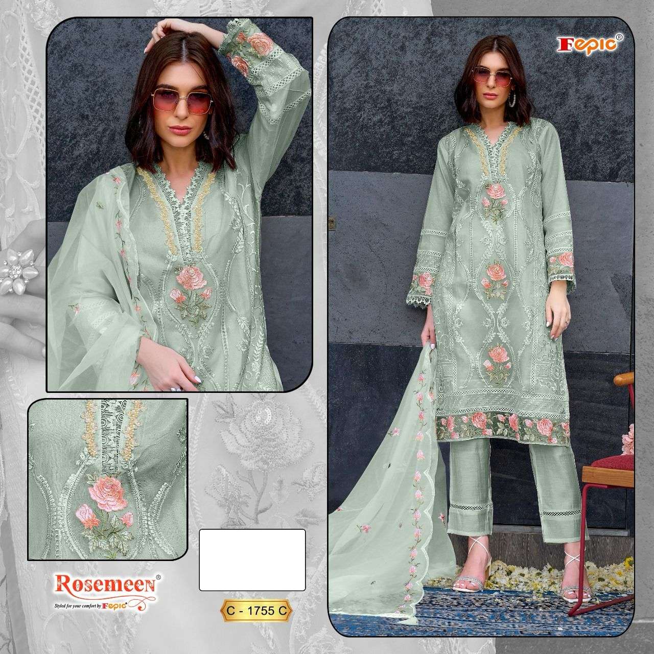 ROSEMEEN 1755 COLOURS BY FEPIC 1755-C TO 1755-F SERIES ORGANZA WORK PAKISTANI DRESSES