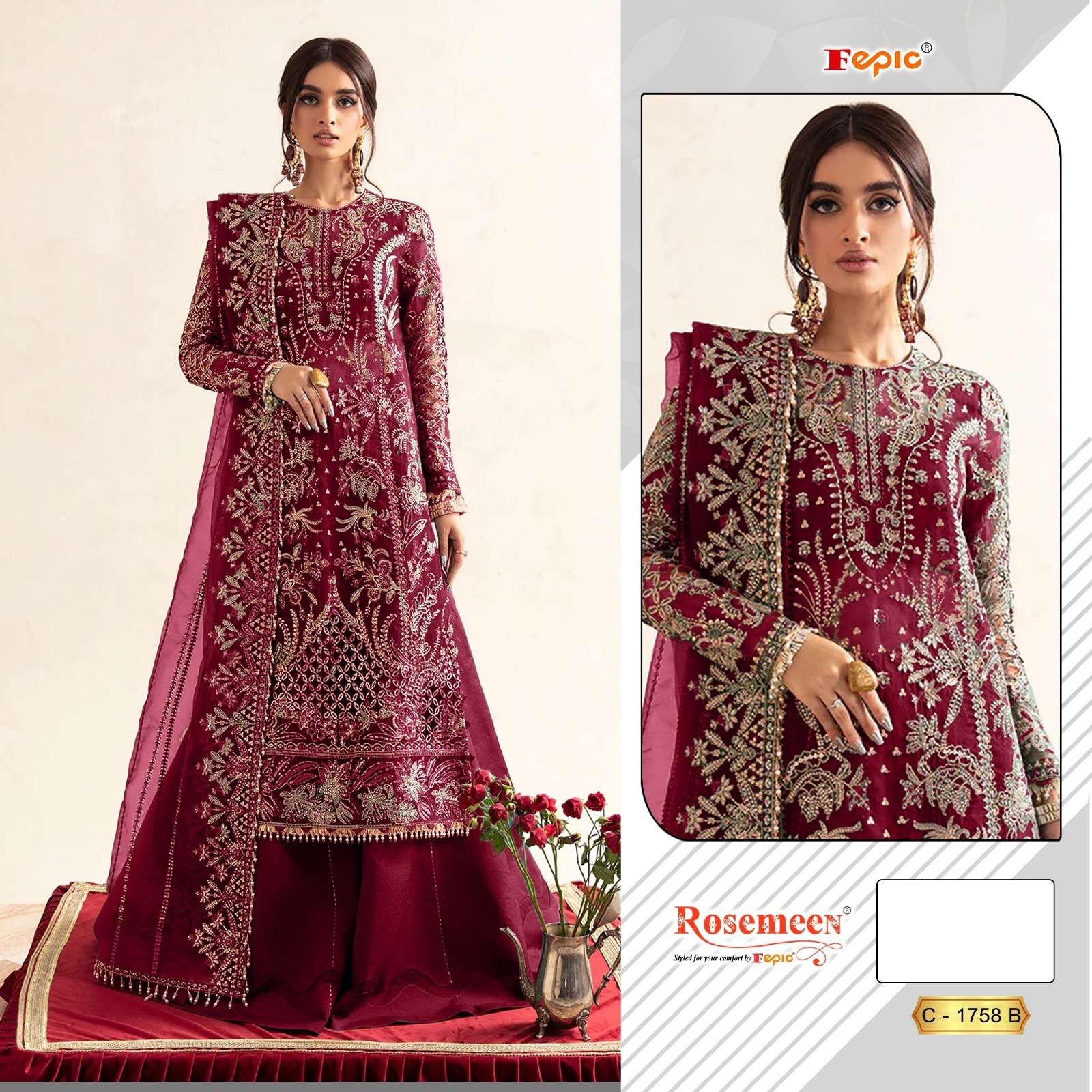 ROSEMEEN 1758 COLOURS BY FEPIC 1758-A TO 1758-C SERIES ORGANZA WORK PAKISTANI DRESSES