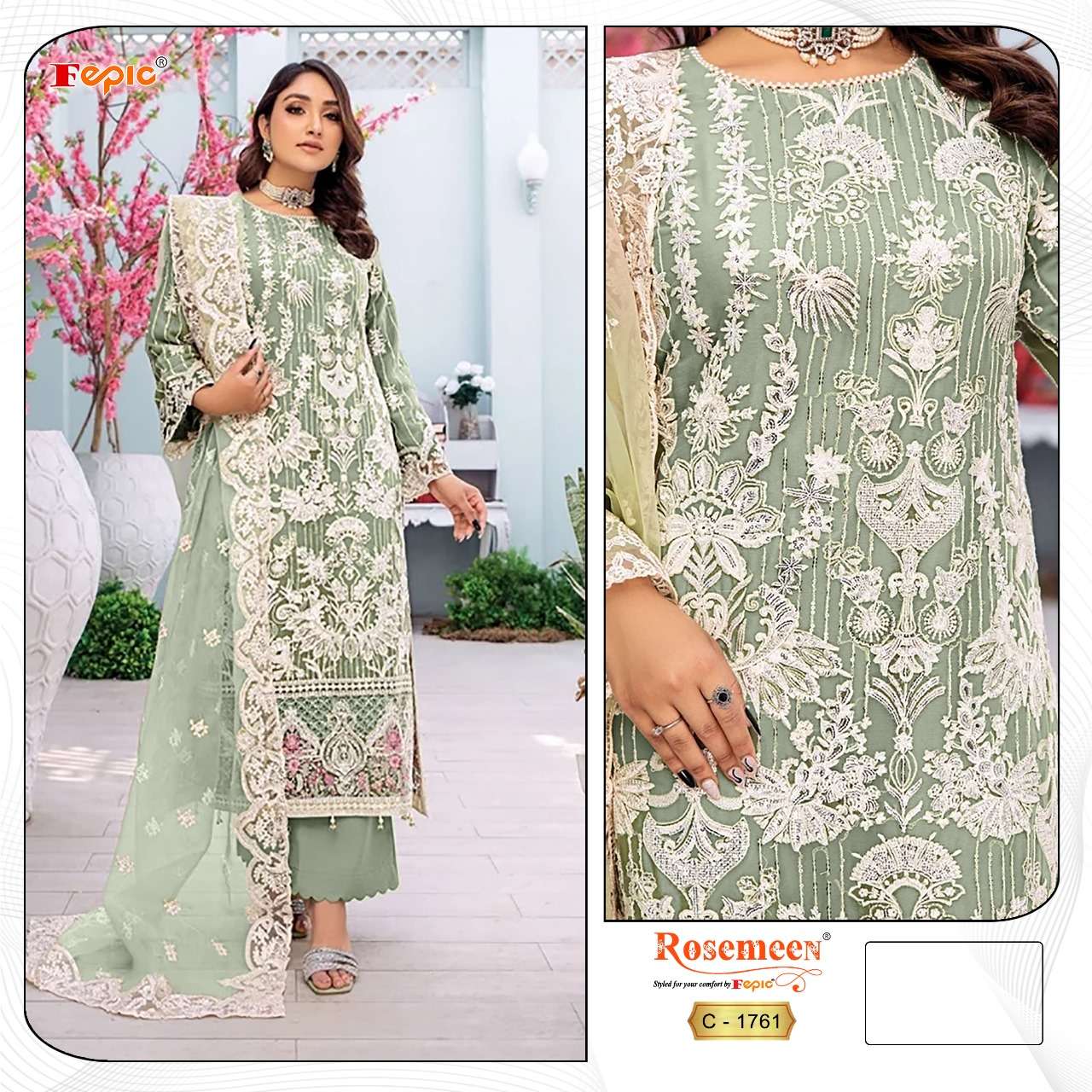 ROSEMEEN 1761-A TO 1761-C SERIES BY FEPIC ORGANZA EMBROIDERY WORK PAKISTANI DRESSES