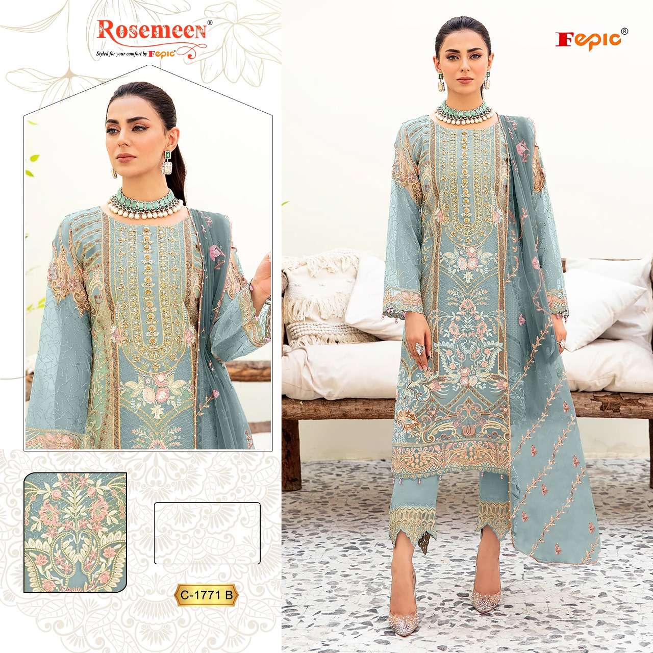 ROSEMEEN 1771 COLOURS BY FEPIC 1771-A TO 1771-D SERIES ORGANZA WORK PAKISTANI DRESSES