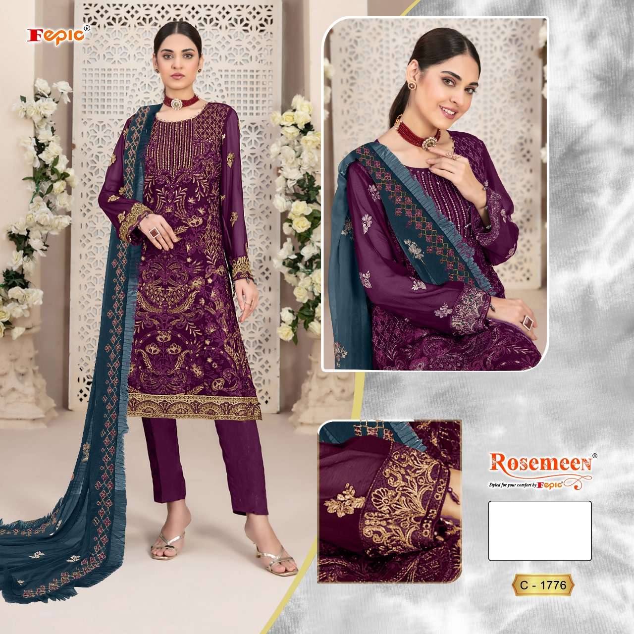 ROSEMEEN 1776-A TO 1776-C SERIES BY FEPIC GEORGETTE EMBROIDERY WORK DRESSES