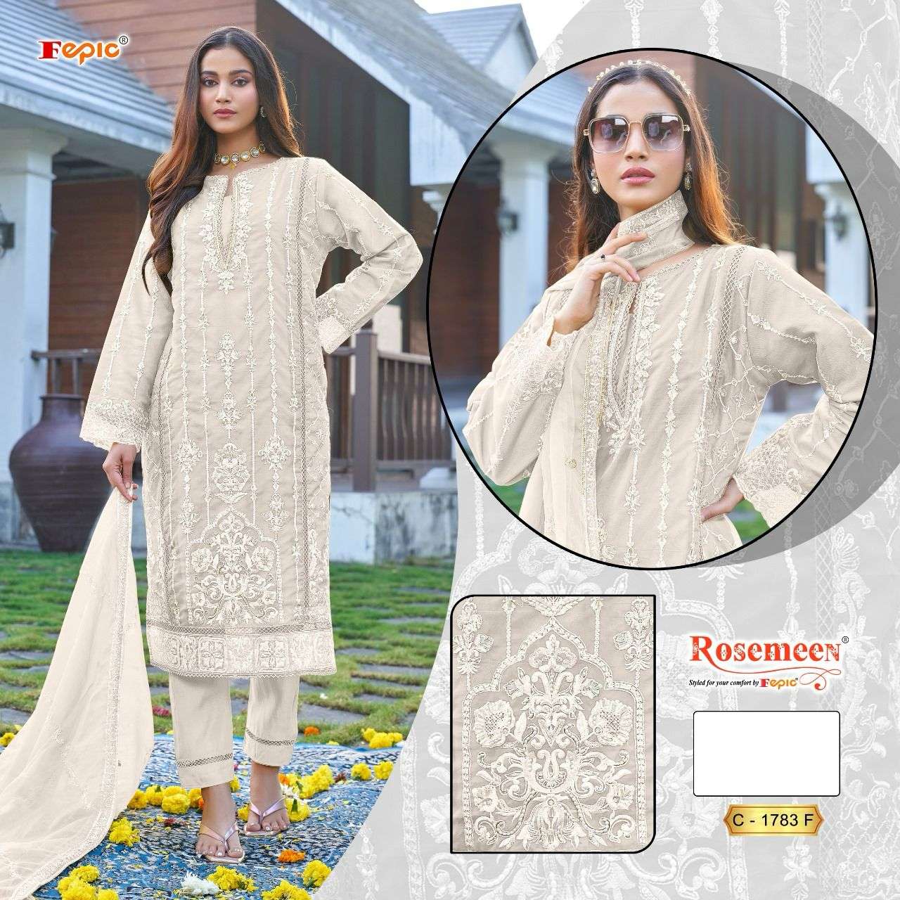 ROSEMEEN 1783-D TO 1783-F SERIES BY FEPIC ORGANZA EMBROIDERY WORK PAKISTANI DRESSES