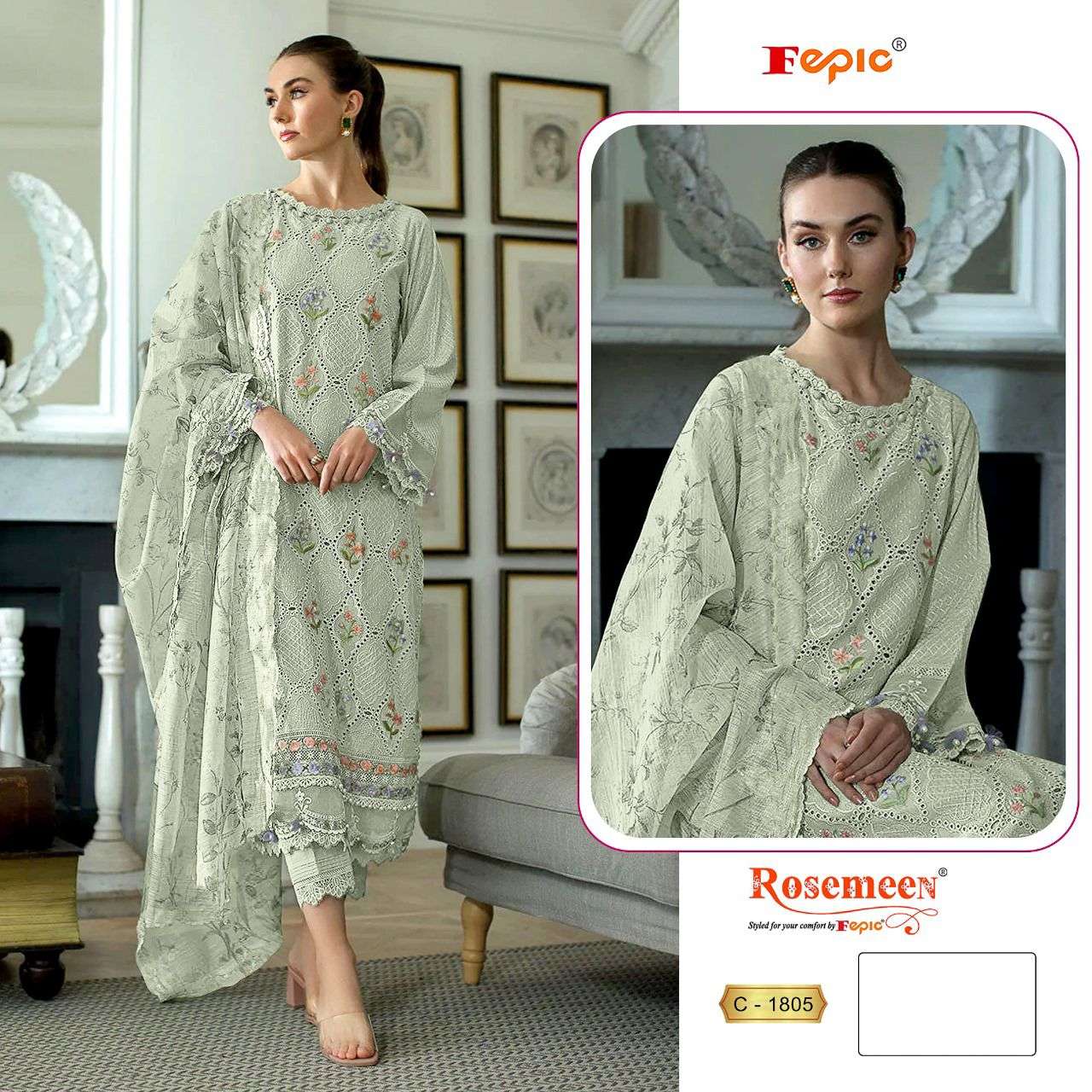 ROSEMEEN 1805-A TO 1850-C SERIES BY FEPIC PURE COTTON EMBROIDERY WORK DRESSES