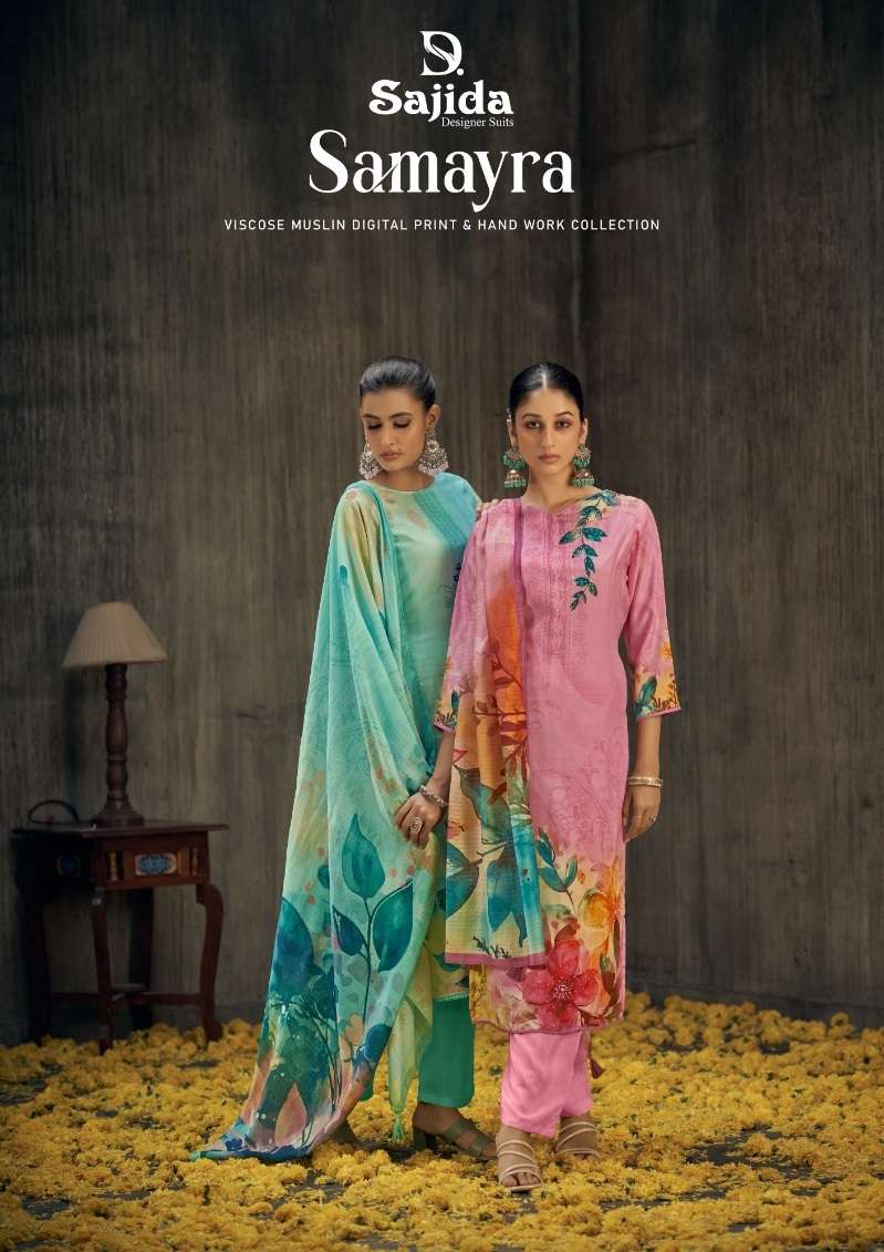 SAJIDA SAMAYRA BY AQSAWHOLESALE 104-001 TO 104-006 SERIES MUSLIN PRINT WORK DRESSES