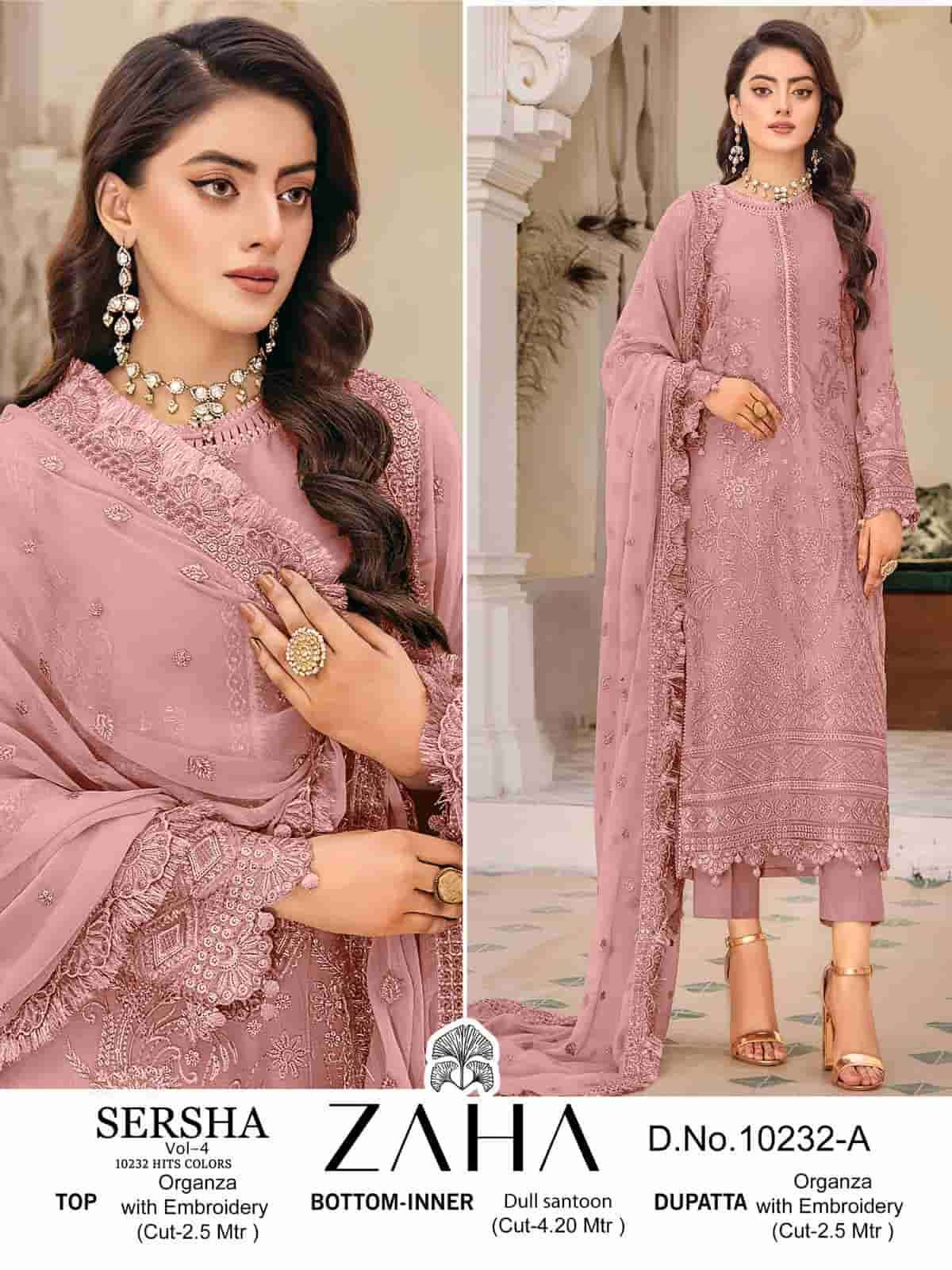 SERSHA VOL-4 BY ZAHA 10232-A TO 10232-D SERIES ORGANZA HEAVY WORK PAKISTANI DRESSES