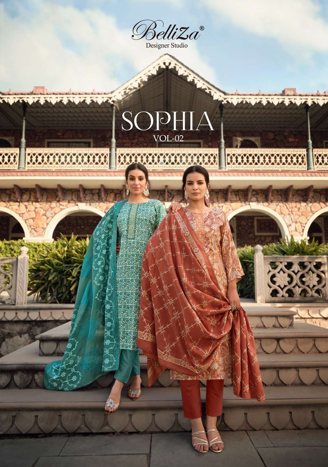 SOPHIA VOL-2 BY BELLIZA 894-001 TO 894-008 SERIES PURE COTTON PRINT WORK DRESSES