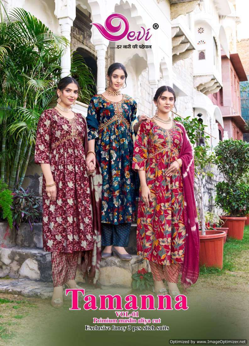 TAMANNA VOL-1 BY DEVI 1001 TO 1008 SERIES MUSLIN COTTON PRINT WORK READYMADE DRESSES