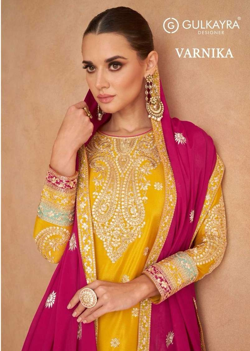 VARNIKA BY GULKAYRA 7440-A TO 7440-C SERIES REAL CHINON WORK READYMADE DRESSES