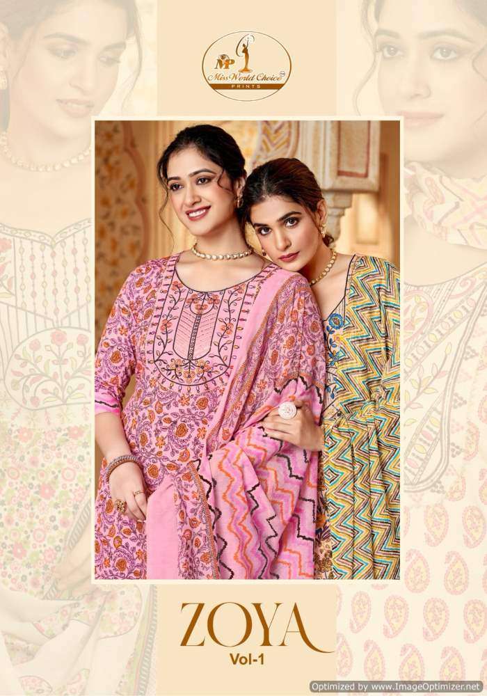 ZOYA VOL-1 BY MISS WORLD CHOICE 1001 TO 1010 SERIES COTTON SLUB PRINT WORK DRESSES