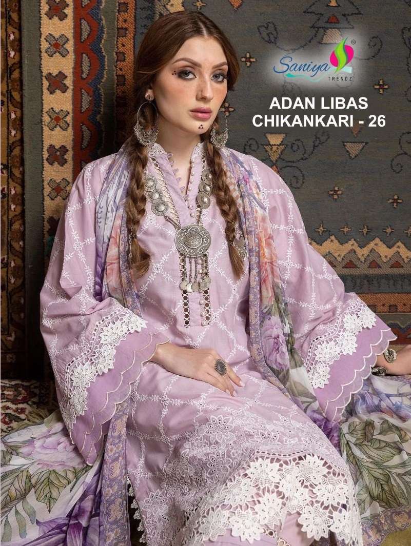 ADAN LIBAS CHIKANKARI VOL-26 BY SANIYA TRENDZ 26001 TO 26004 SERIES COTTON WORK DRESSES