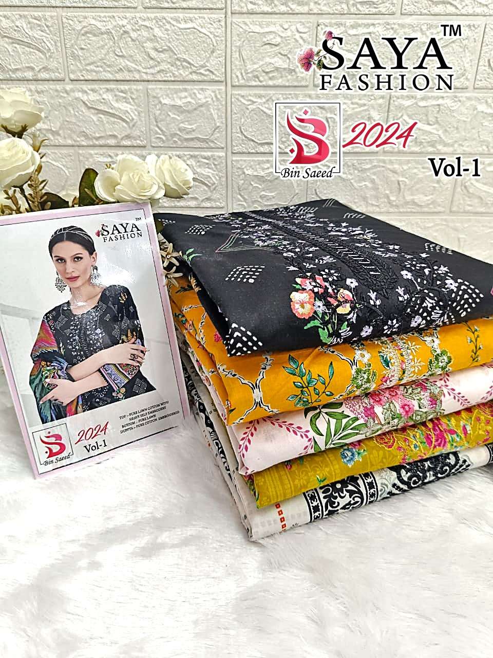 BIN SAEED 2024 VOL-1 BY SAYA FASHION 1001 TO 1005 SERIES PURE COTTON PRINT WORK DRESSES