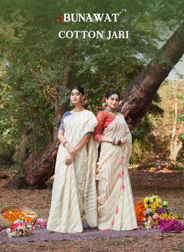 COTTON JARI BY BUNAWAT 10493 TO 10497 SERIES COTTON FABRIC WORK FESTIVE WEAR SAREES