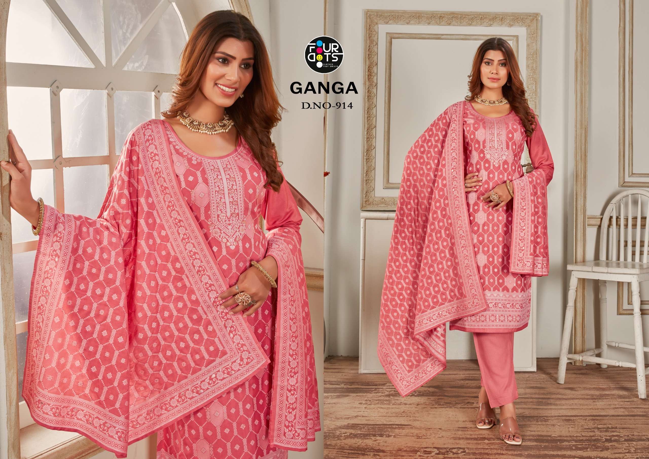 GANGA BY FOUR DOTS 911 TO 914 SERIES PURE MUSLIN JACQUARD WORK DRESSES