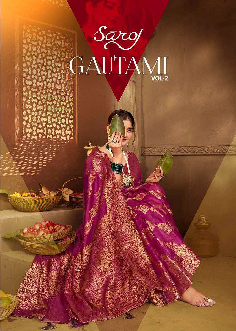 GAUTAMI VOL-2 BY SAROJ 1001 TO 1006 SERIES SOFT KHADI ORGANZA WORK SAREES